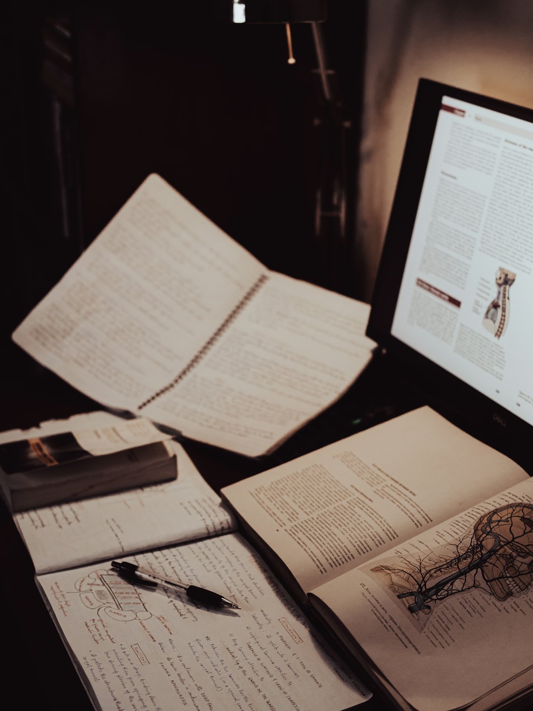 Nepořádek na stole s učebnicemi a notebookem zobrazujícím anatomii.